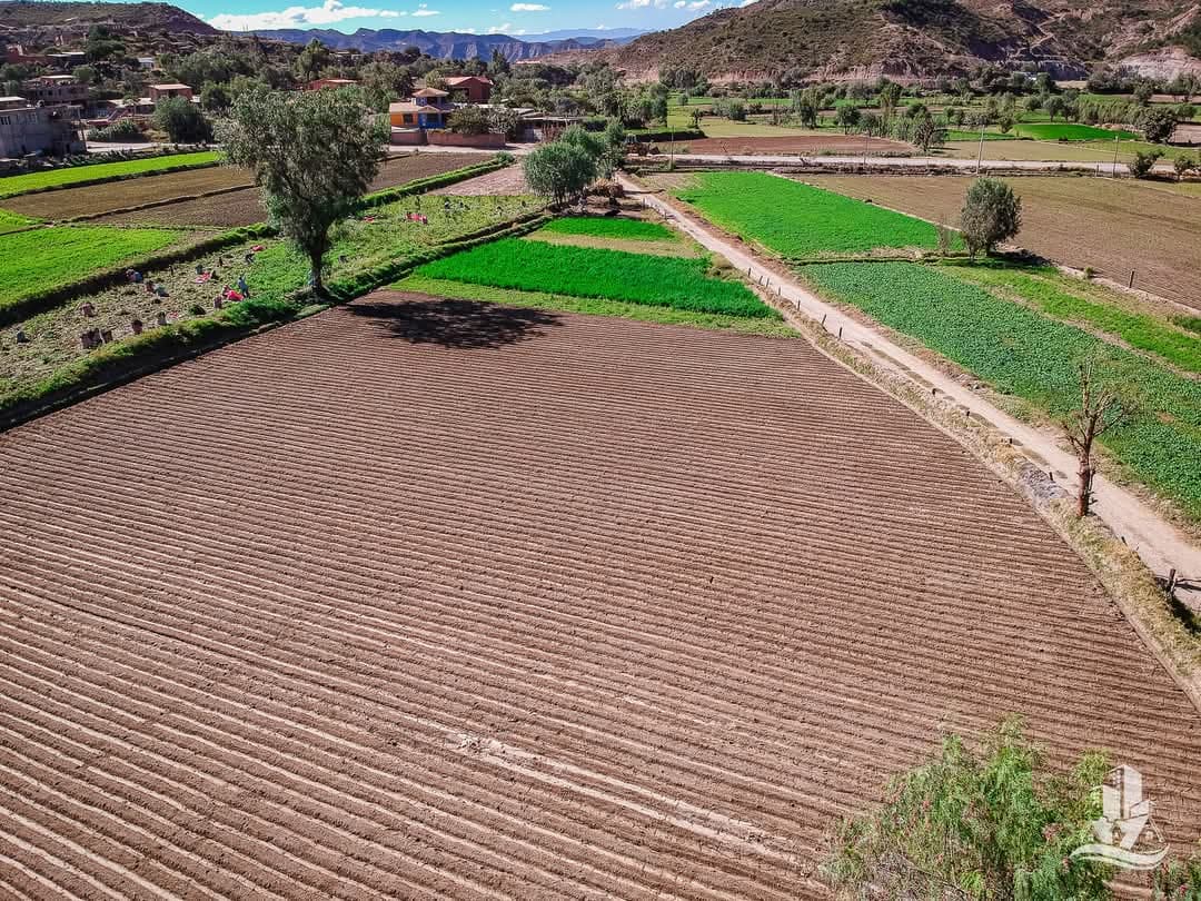 Aerial view of the agricultural land in Irpa Irpa, Capinota, with fields and lateral access visible