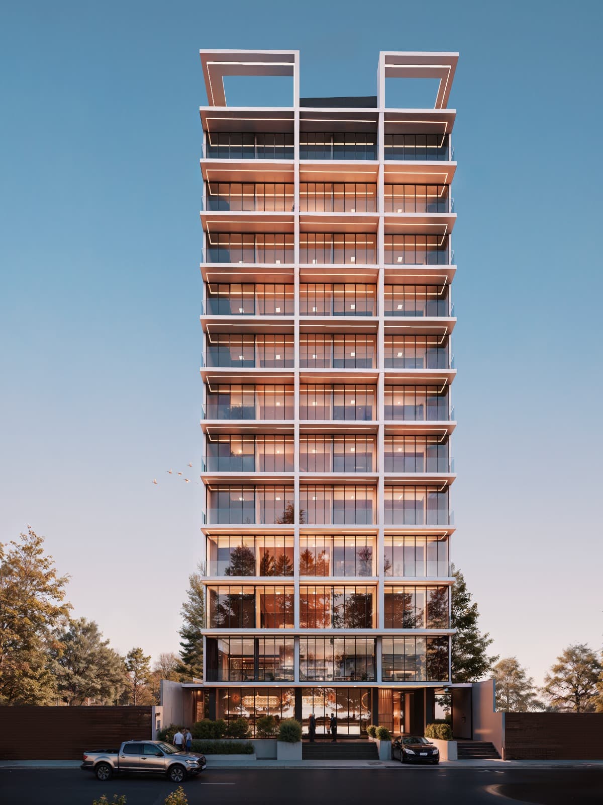 Rendered nighttime front view of Torre Ciana