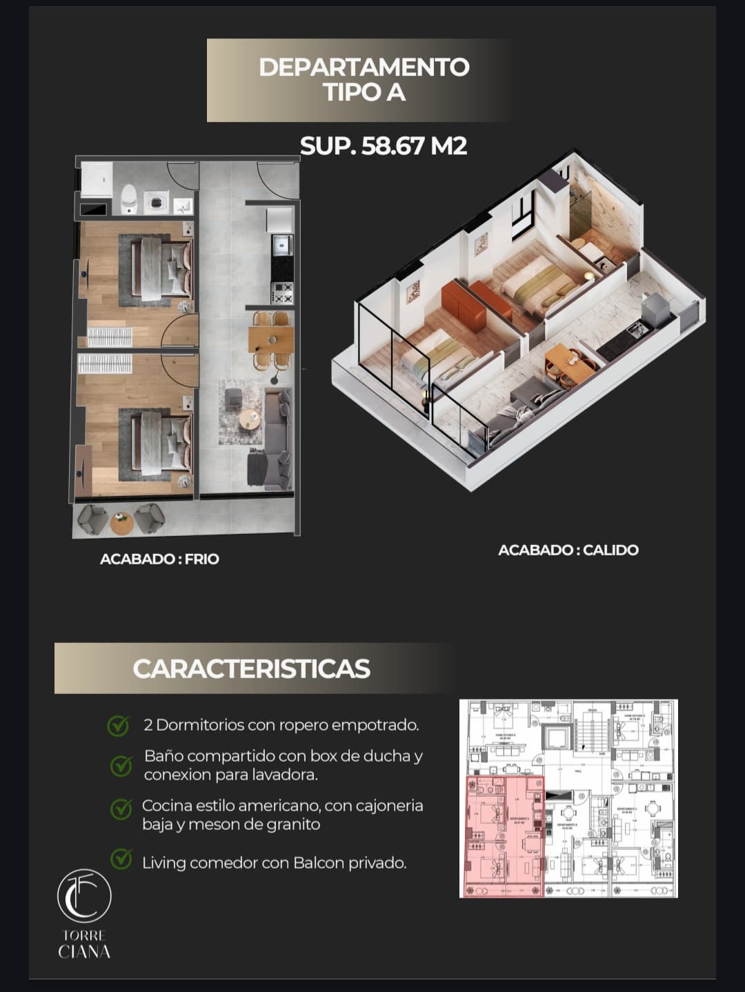 Unit sheet with floor plan, 3D view and features of Torre Ciana Apartment A