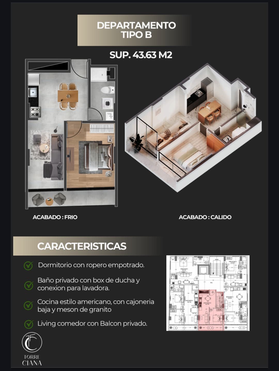 Unit sheet with floor plan, 3D view and features of Torre Ciana Garzonier B