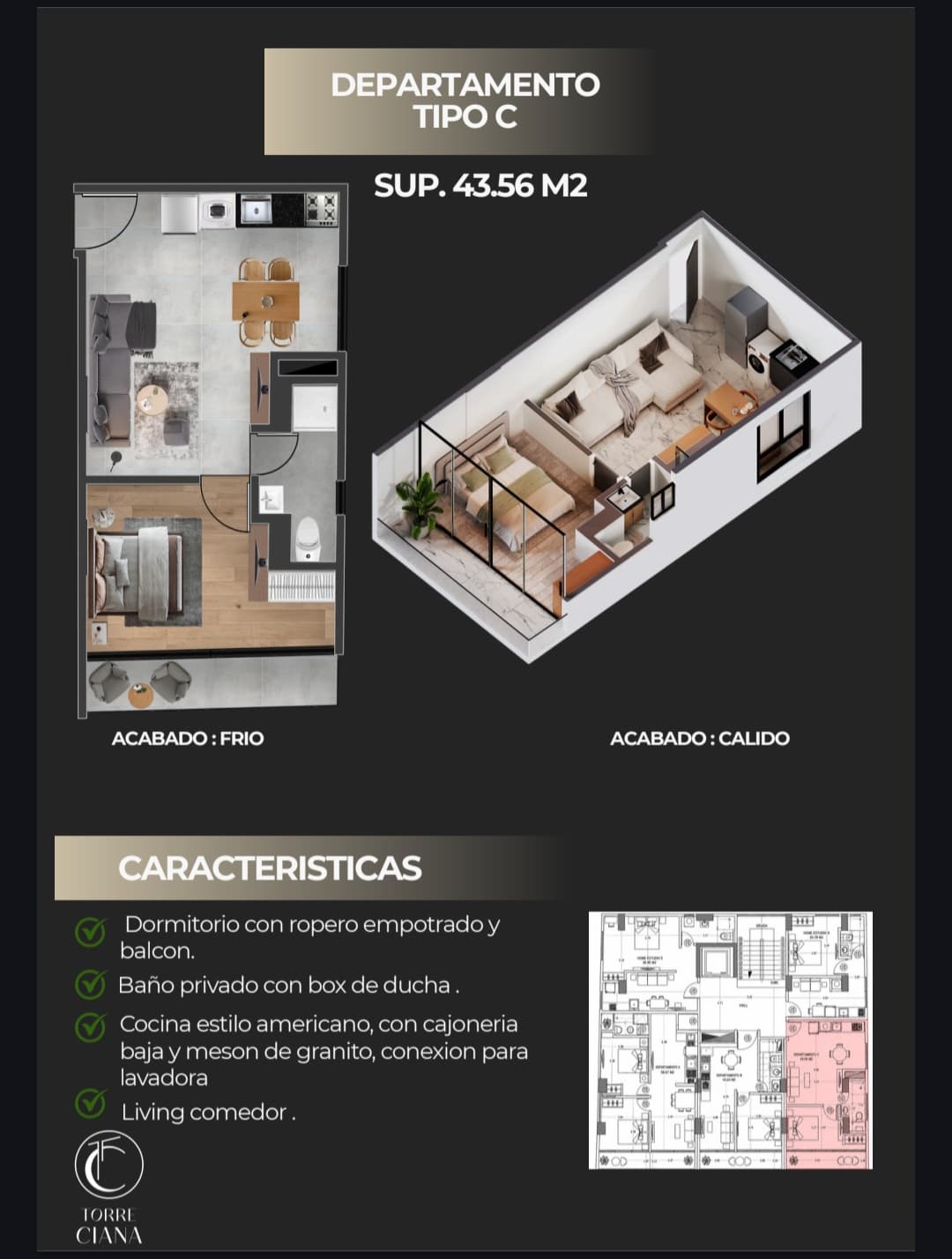 Unit sheet with floor plan, 3D view and features of Torre Ciana Garzonier C