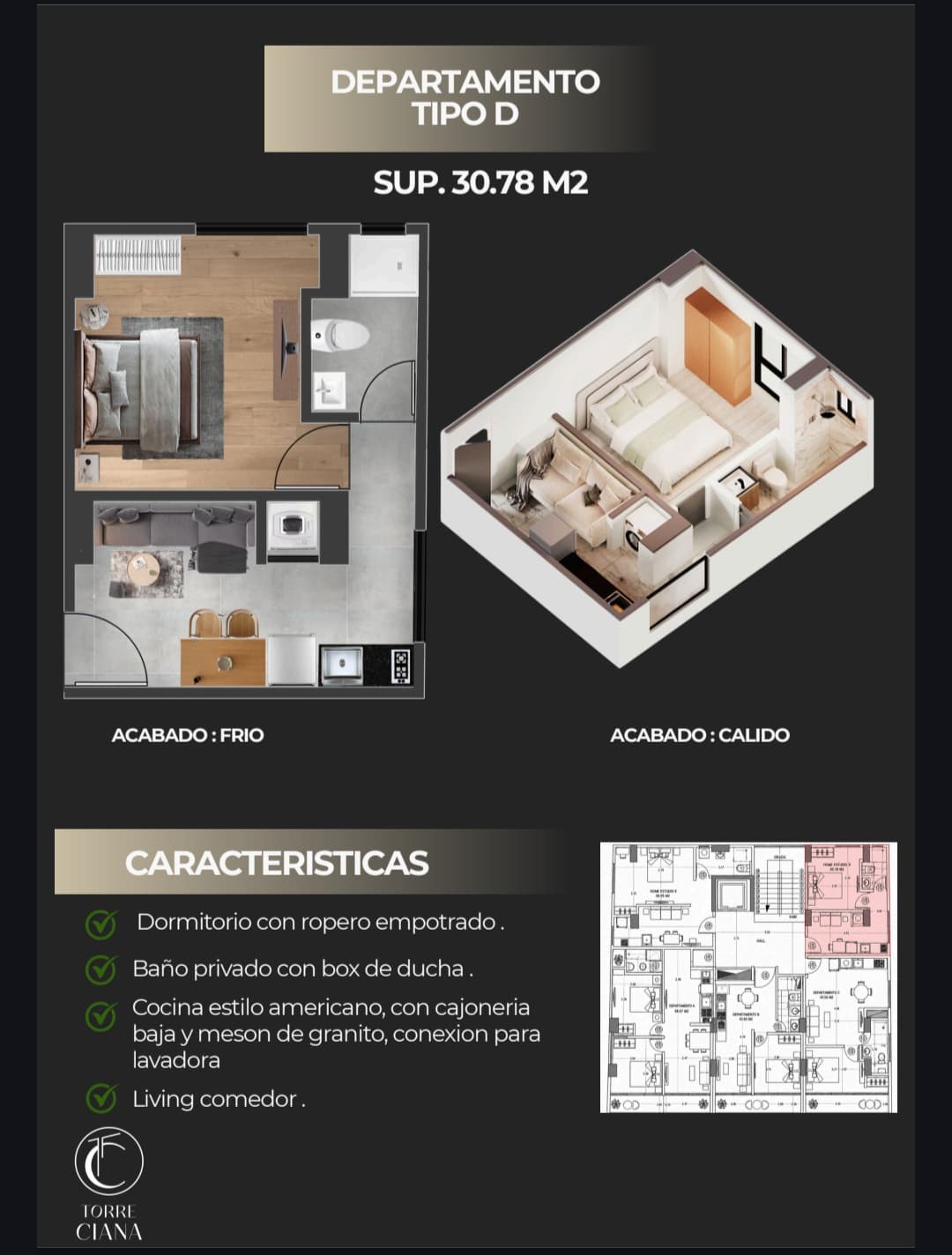 Unit sheet with floor plan, 3D view and features of Torre Ciana Home Studio D