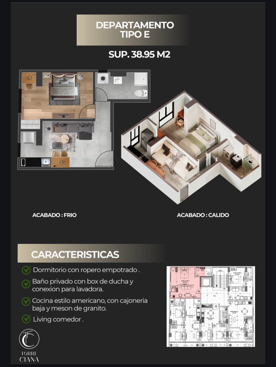 Unit sheet with floor plan, 3D view and features of Torre Ciana Home Studio E