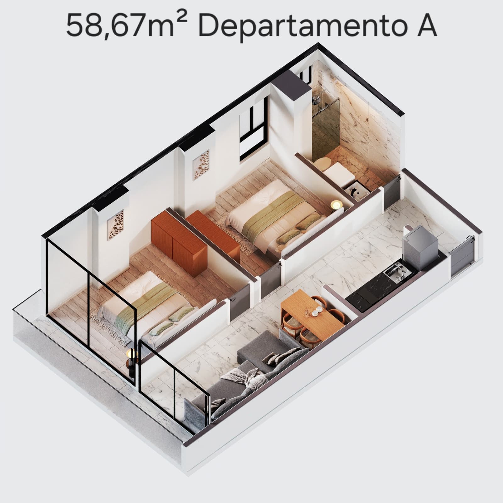 Isometric view of the 58.67 m² Apartment A at Torre Ciana