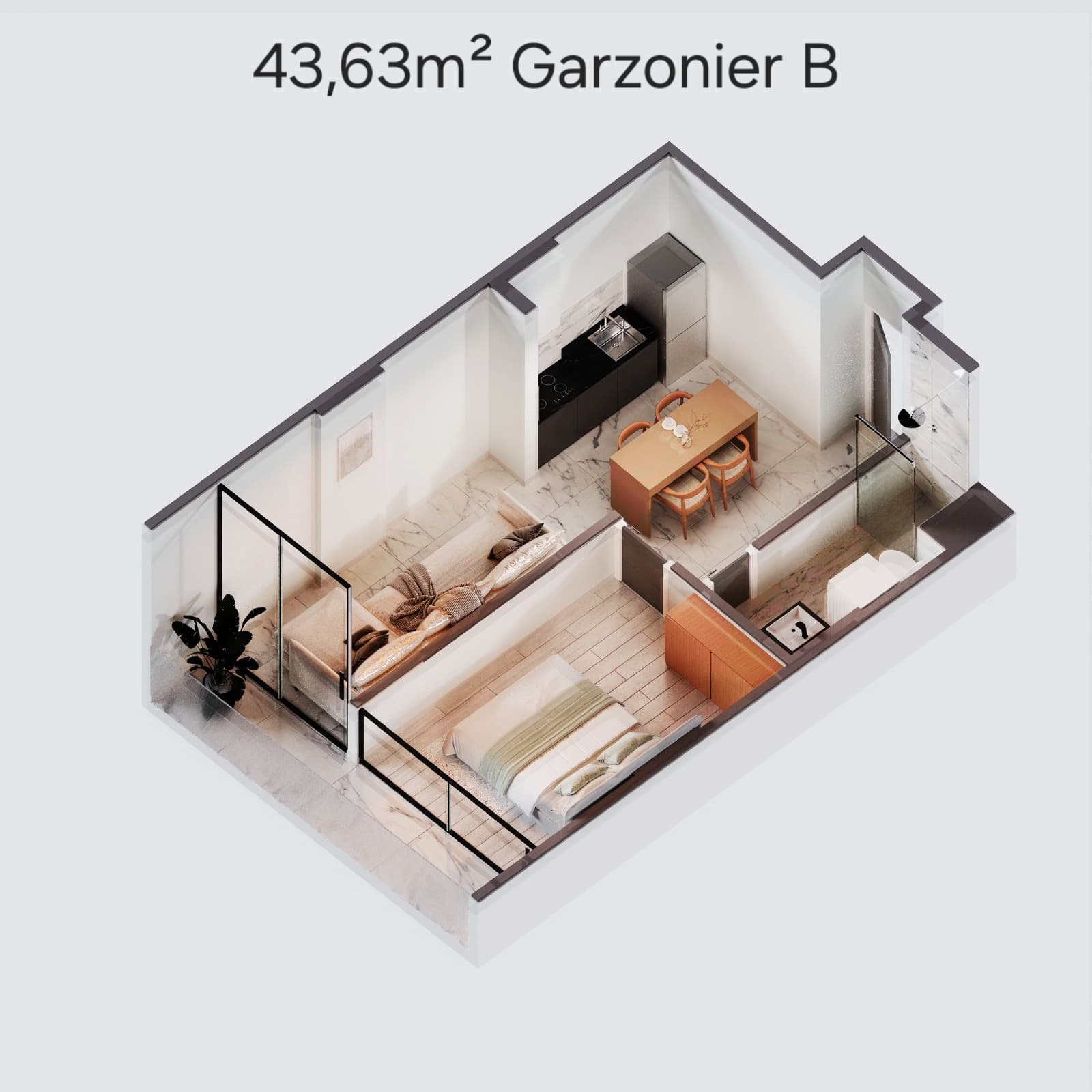 Isometric view of the 43.63 m² Garzonier B at Torre Ciana