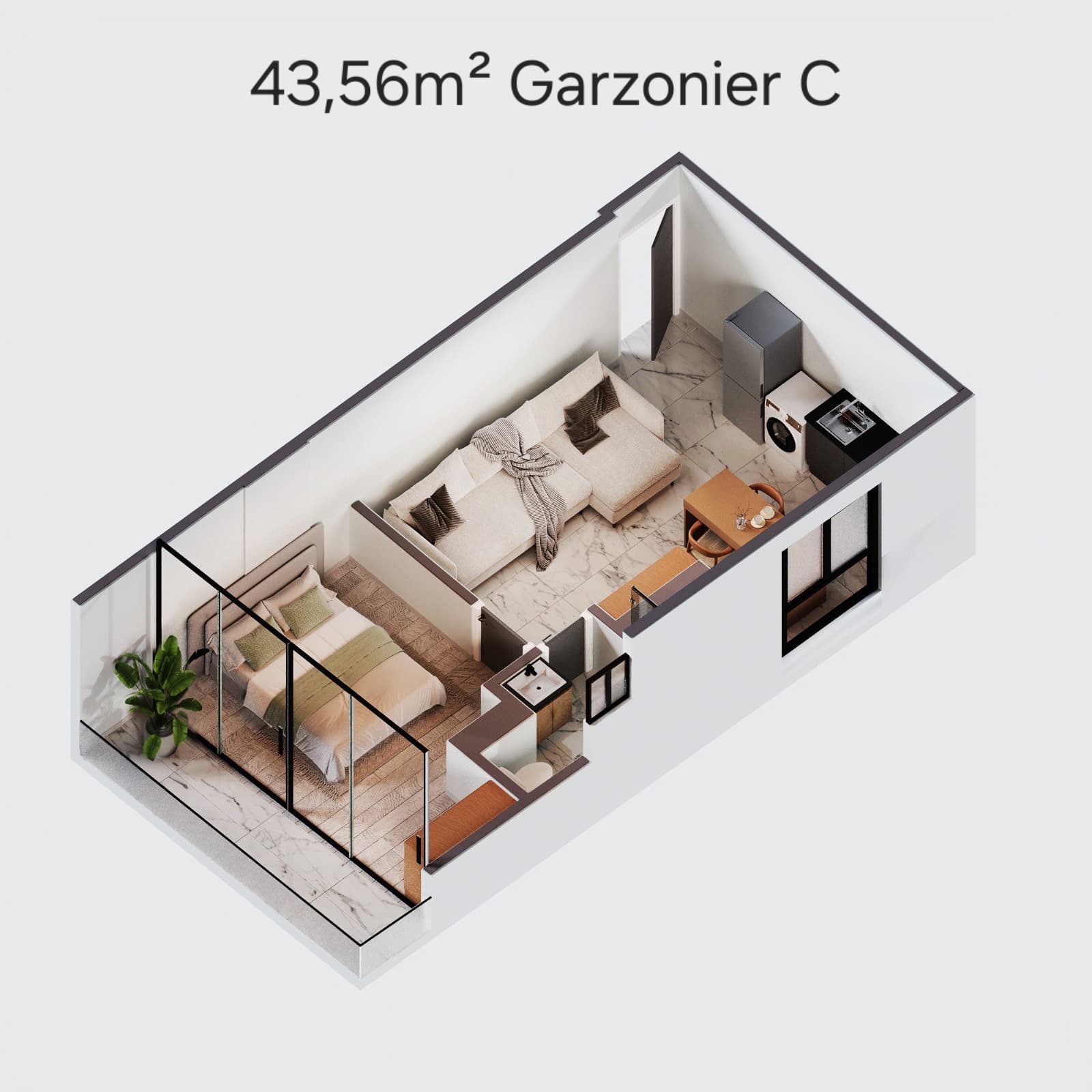 Isometric view of the 43.56 m² Garzonier C at Torre Ciana