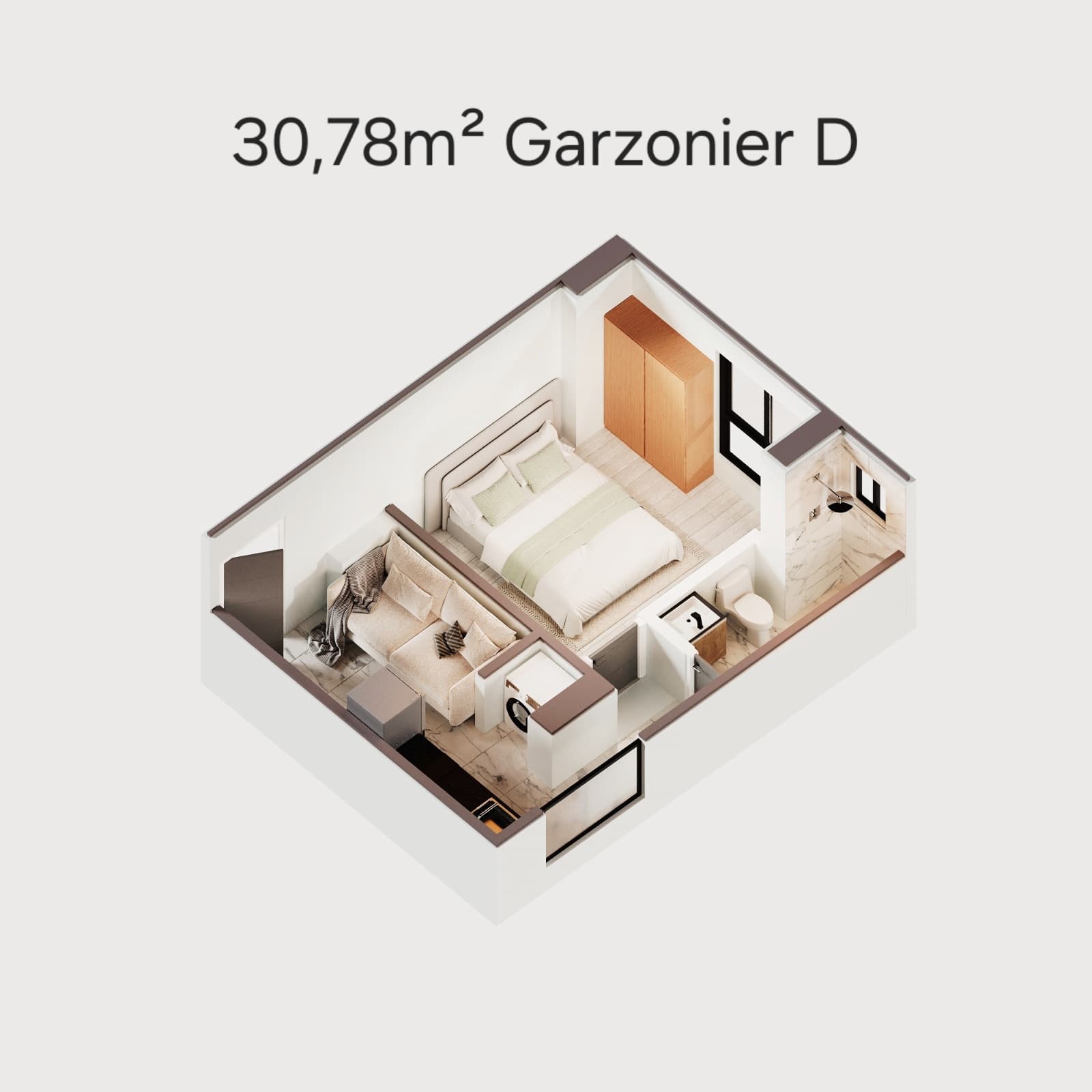 Isometric view of the 30.78 m² Home Studio D at Torre Ciana