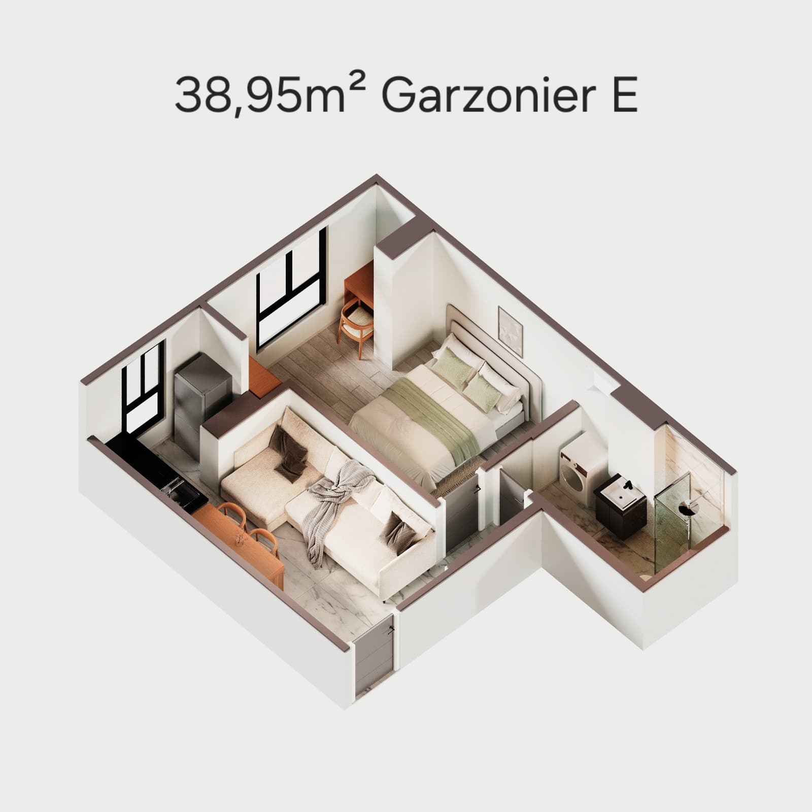 Isometric view of the 38.95 m² Home Studio E at Torre Ciana