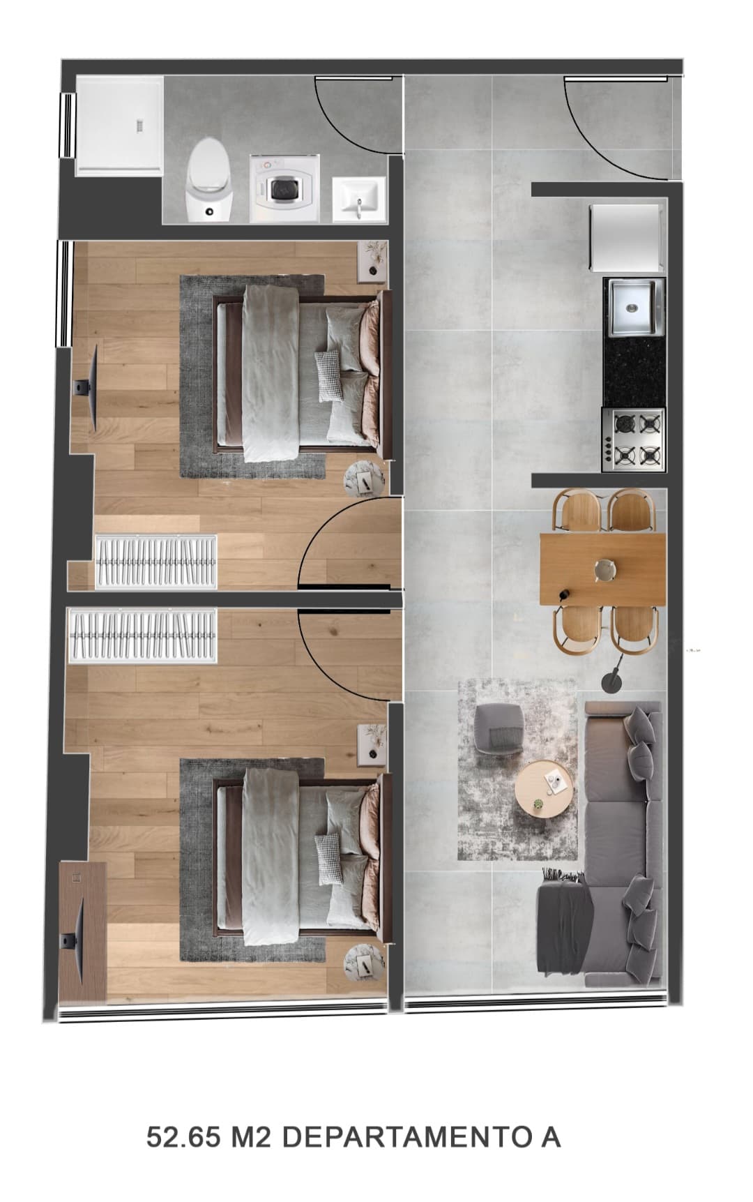 Floor plan of the 52.65 m² first-floor Apartment A at Torre Ciana