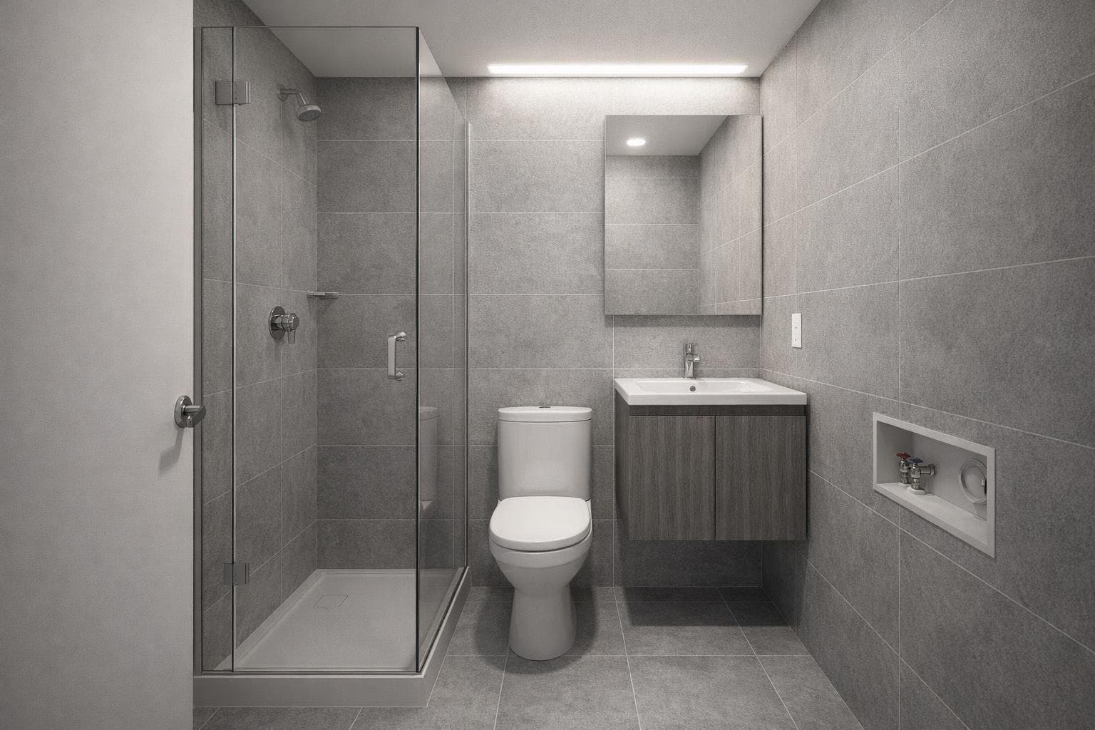 Visualización referencial de baño compacto con box de ducha y conexión de lavadora