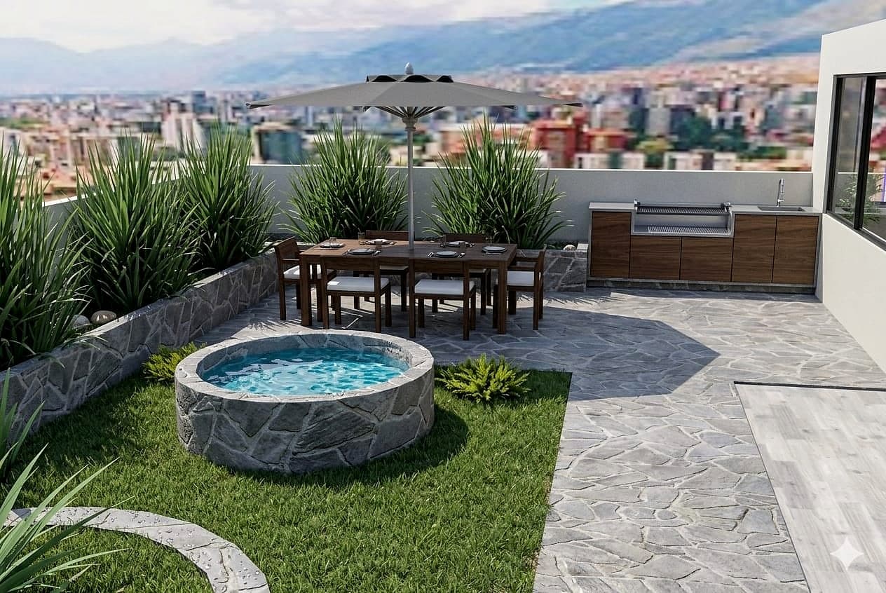 Terraza con jacuzzi y parrillero de Torre Jericó