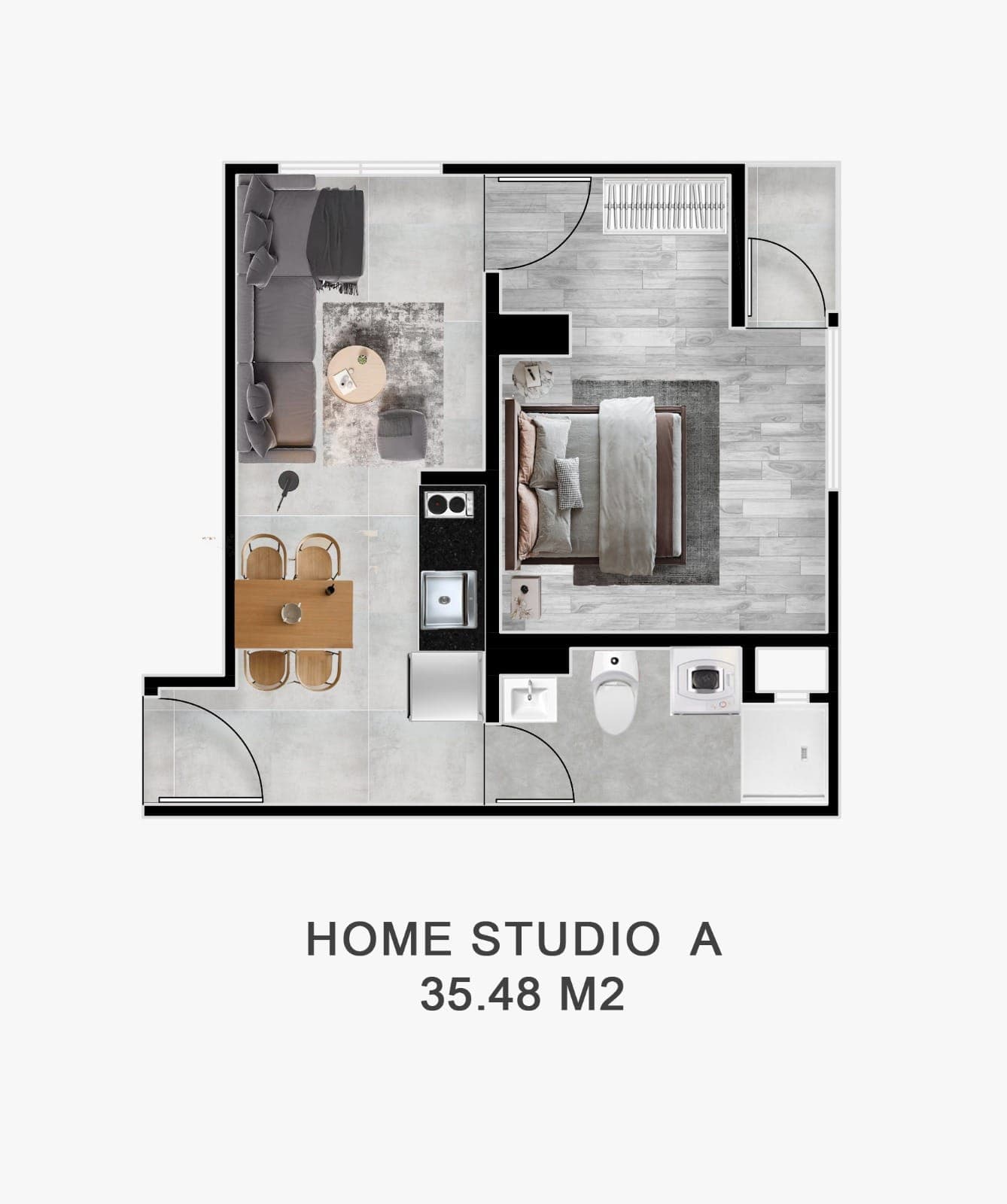 Plano amoblado del home studio Modelo A de Torre Jericó