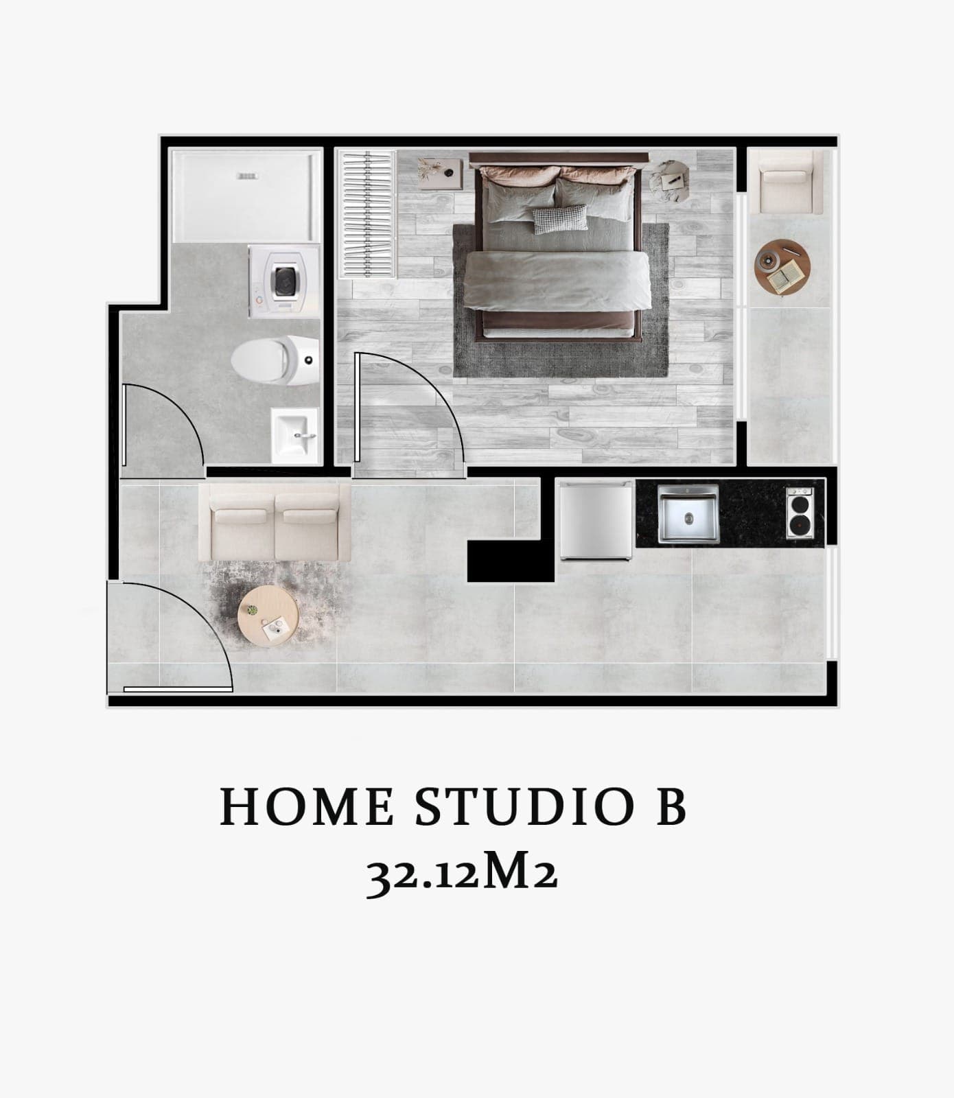 Plano amoblado del home studio Modelo B de Torre Jericó