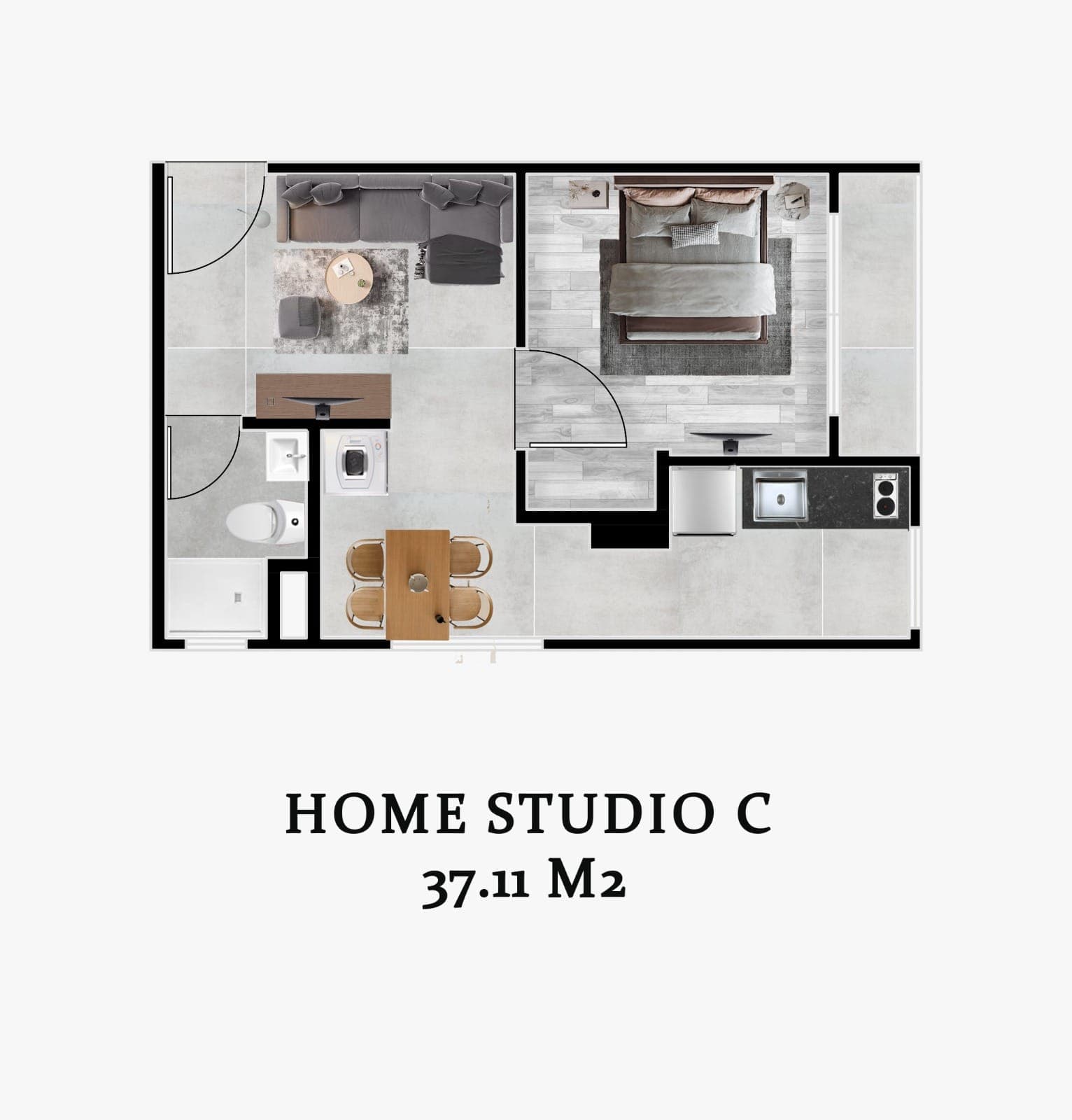 Plano amoblado del home studio Modelo C de Torre Jericó