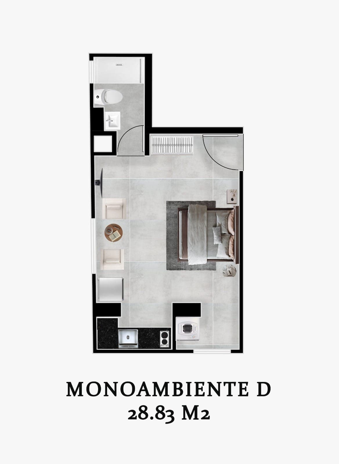 Plano amoblado del monoambiente Modelo D de Torre Jericó