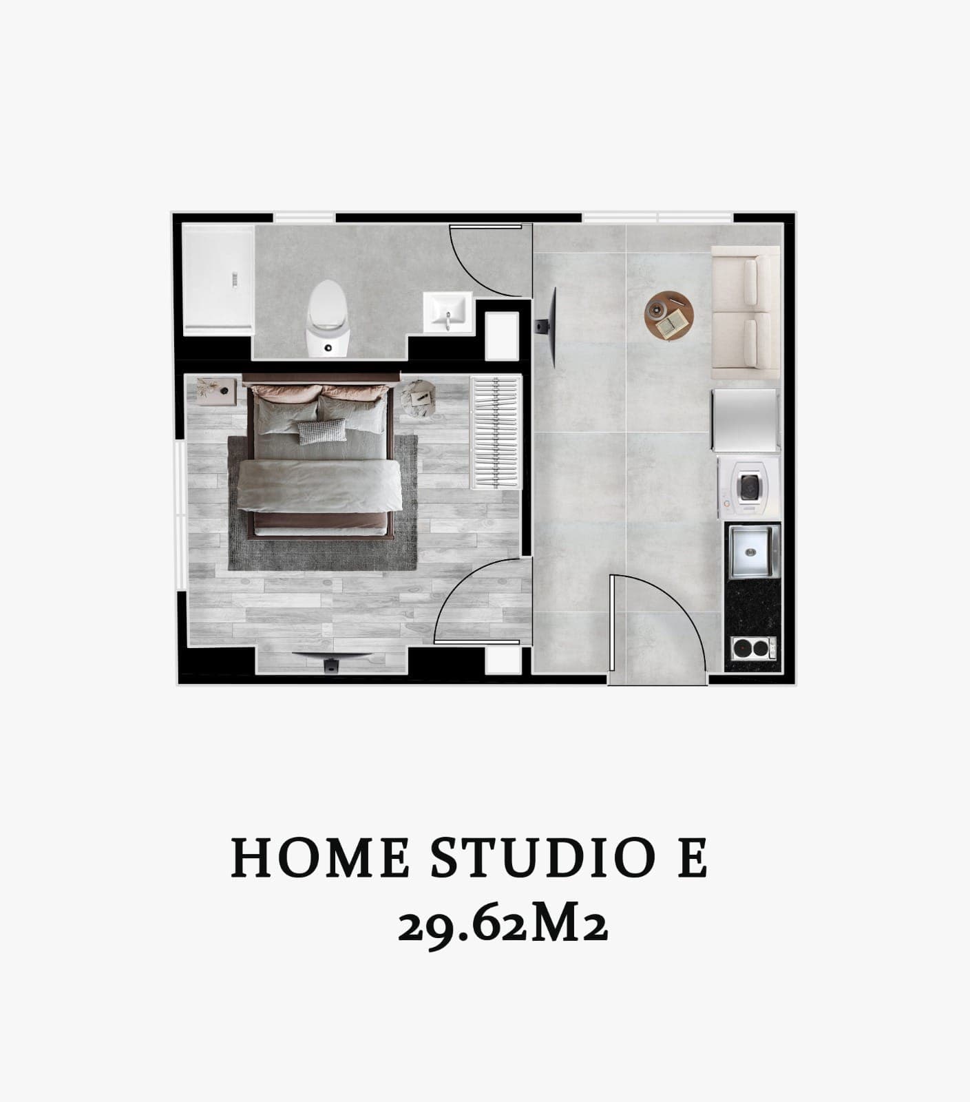 Plano amoblado del home studio Modelo E de Torre Jericó