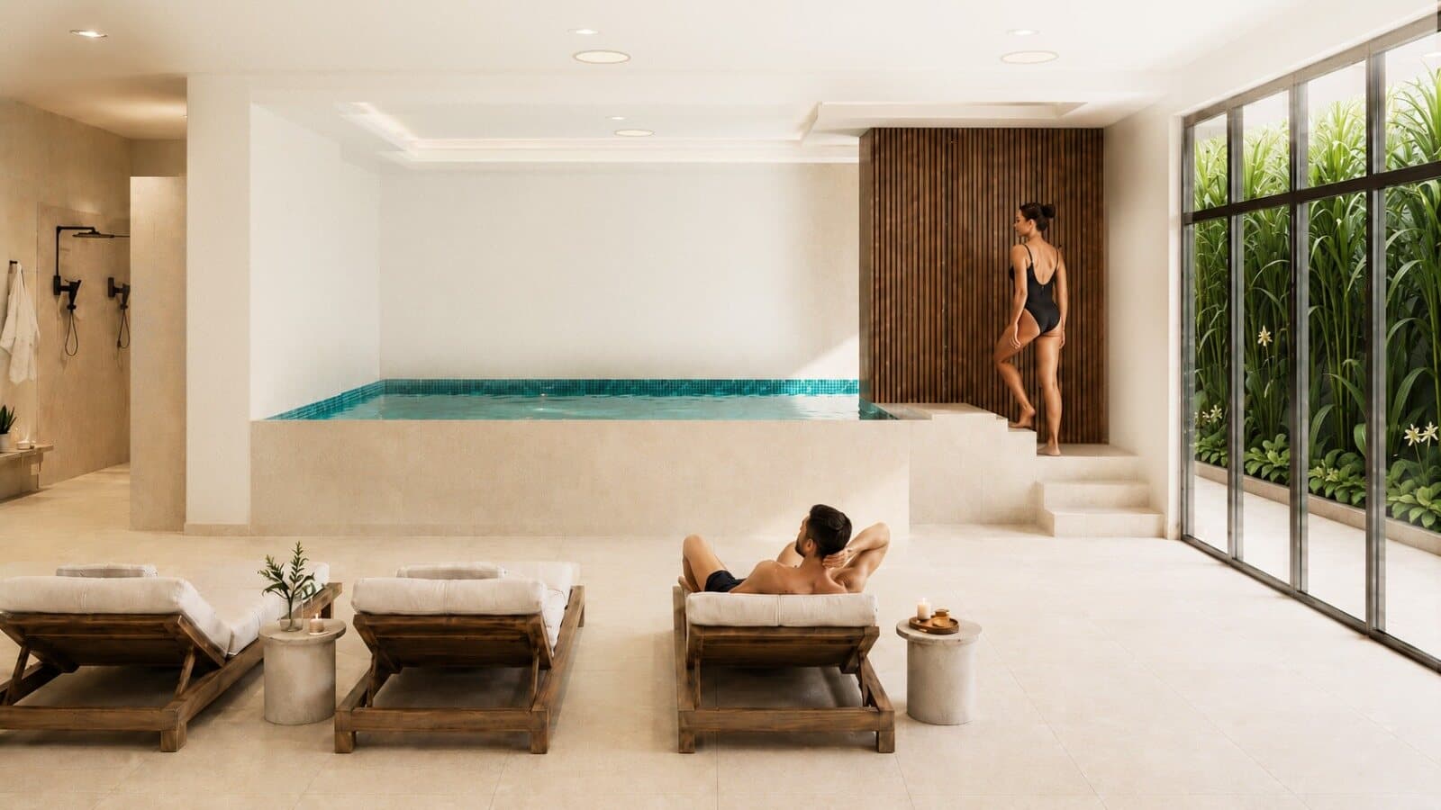 Piscina interior de Torre Lexaria con área de descanso