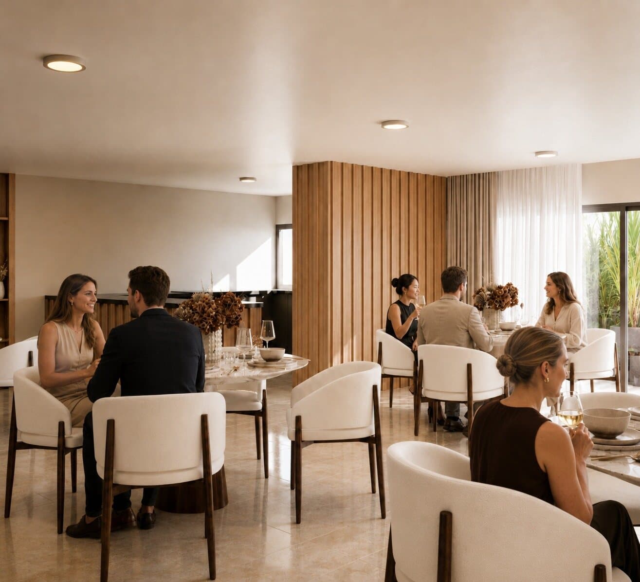 Salón social de Torre Lexaria con mesas y cocina integrada