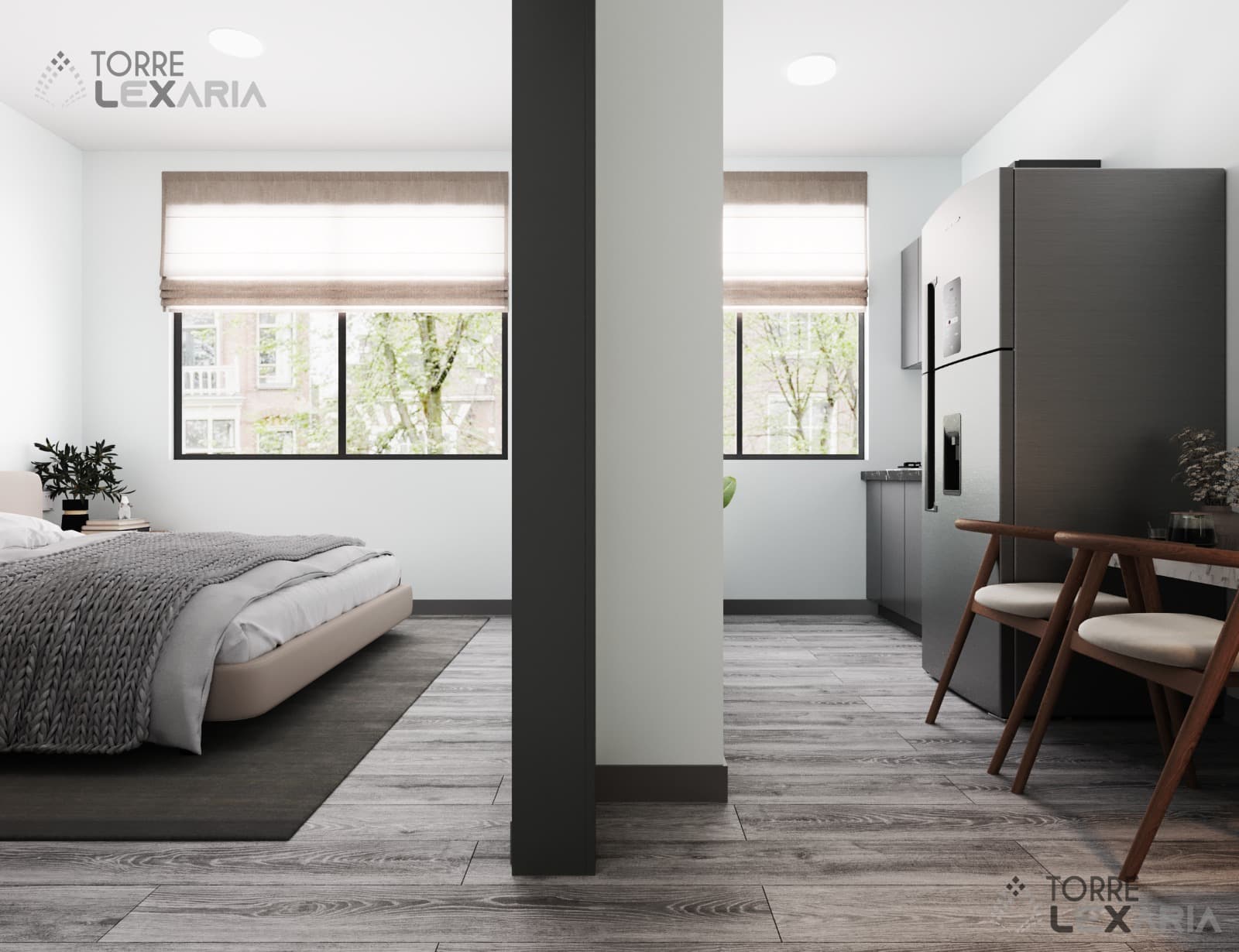 Interior de garzoniera abierta en Torre Lexaria — dormitorio y cocina integrados